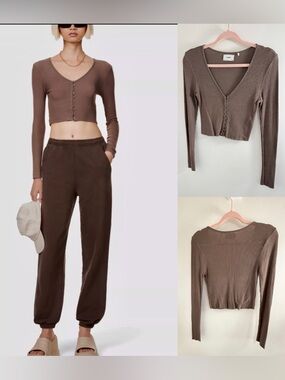 Joah Brown Brown Ribbed Cropped Top / Cardigan